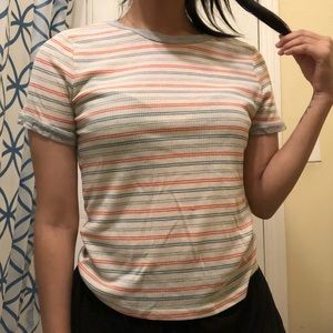 Multi color striped ringer neck shirt